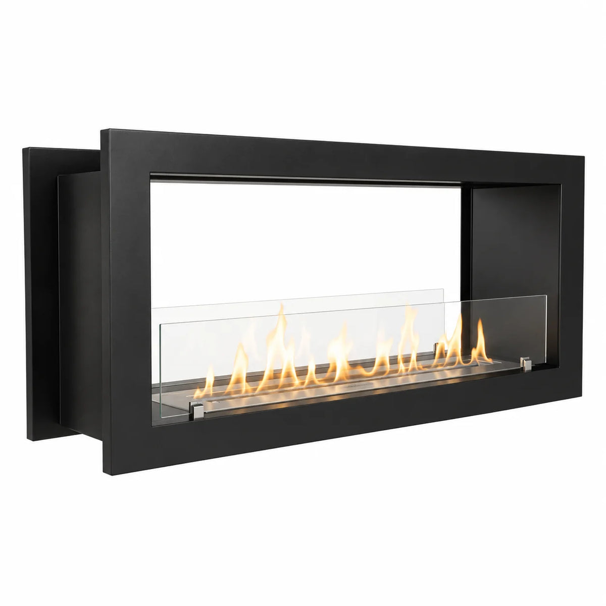 Fonte, cheminée bioéthanol encastrable double face traversante, acier noir mat, sur fond blanc