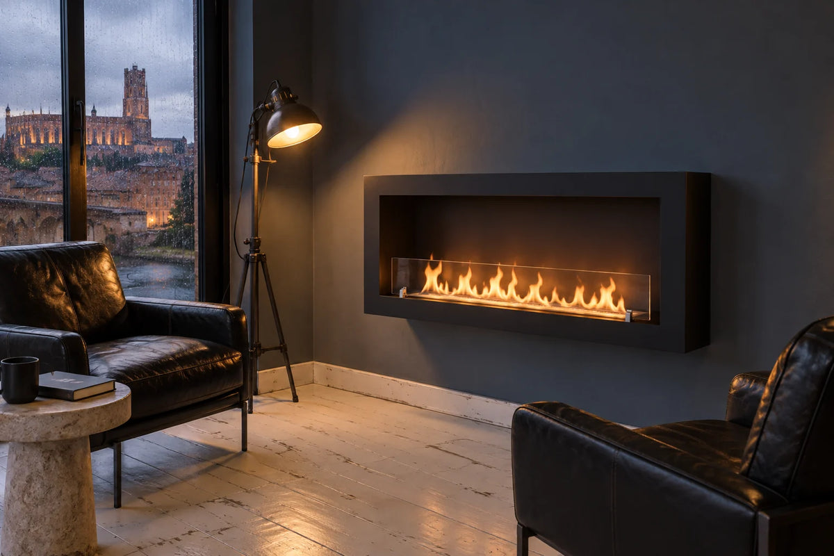 Mica 160 cm, cheminée bioéthanol, acier noir mat, fixée au mur d'un salon, enduit bleu ardoise, deux fauteuils en cuir noir