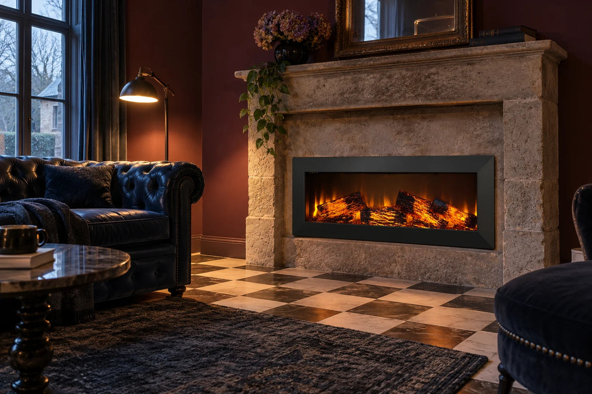 Acier 160 cm, cheminée électrique, cadre métal noir mat biseauté, encastrée dans l'ancien foyer d'une cheminée en pierre