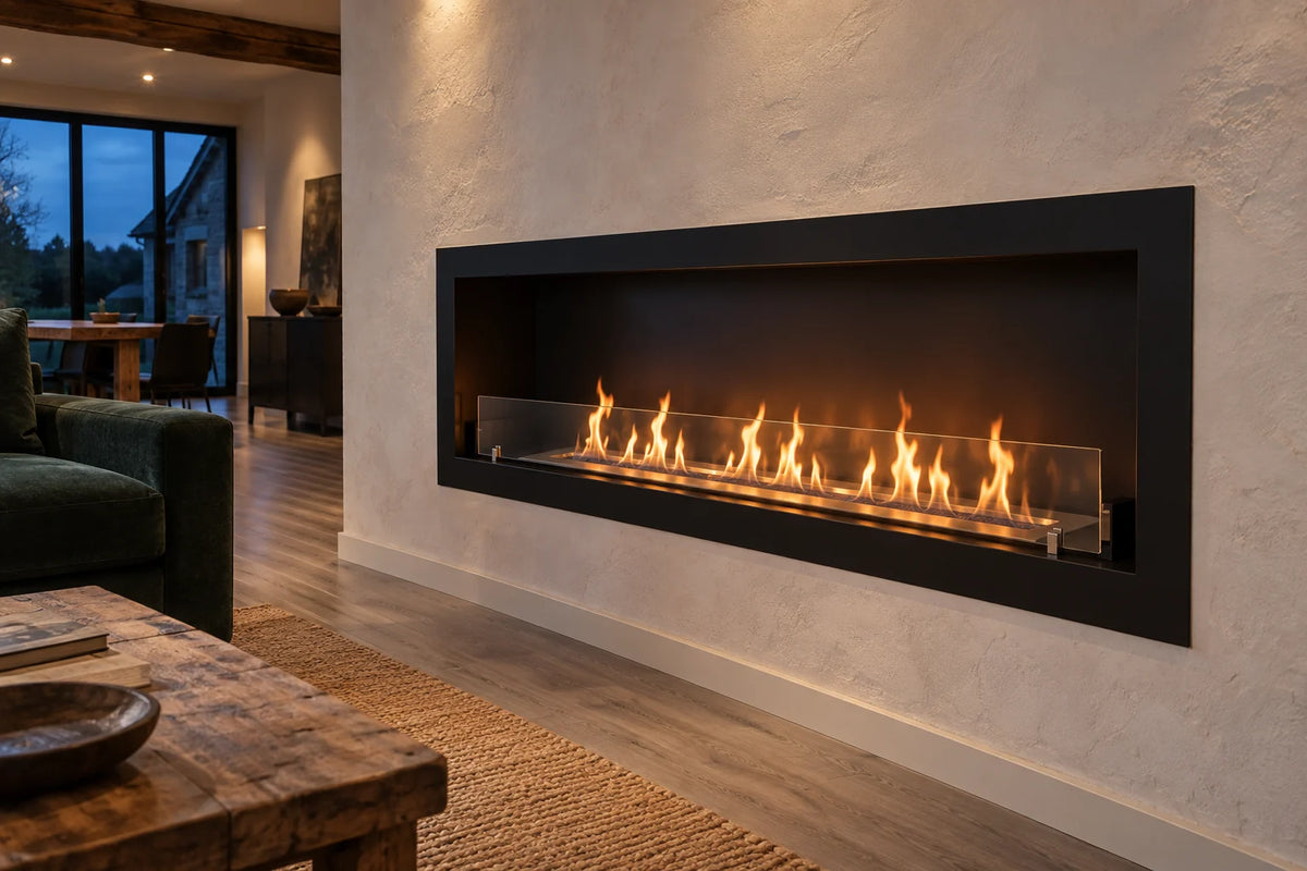 Quartz 200 cm, cheminée bioéthanol, acier noir mat, encastrée dans un grand mur plein, enduit blanc à la chaux