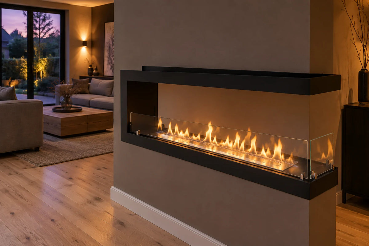 Schiste 200 cm, cheminée bioéthanol, acier noir mat, encastrée en bout de cloison, peinture taupe profonde