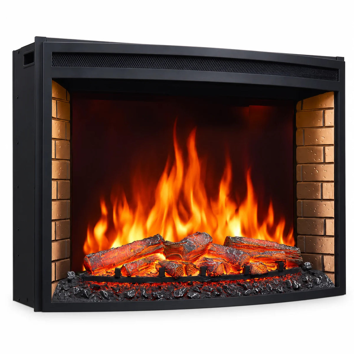 Béton, cheminée électrique encastrable, façade noire, sur fond blanc