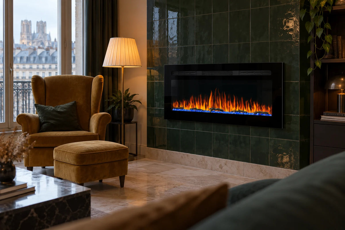 Hématite 95 cm, cheminée électrique, façade noire, accrochée au mur comme un tableau
