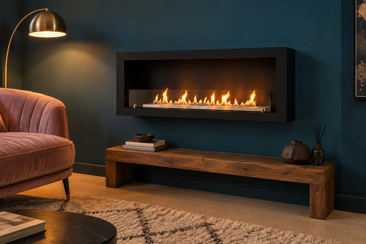 Mica 130 cm, cheminée bioéthanol, acier noir mat, fixée au mur au-dessus d'un banc bas en bois