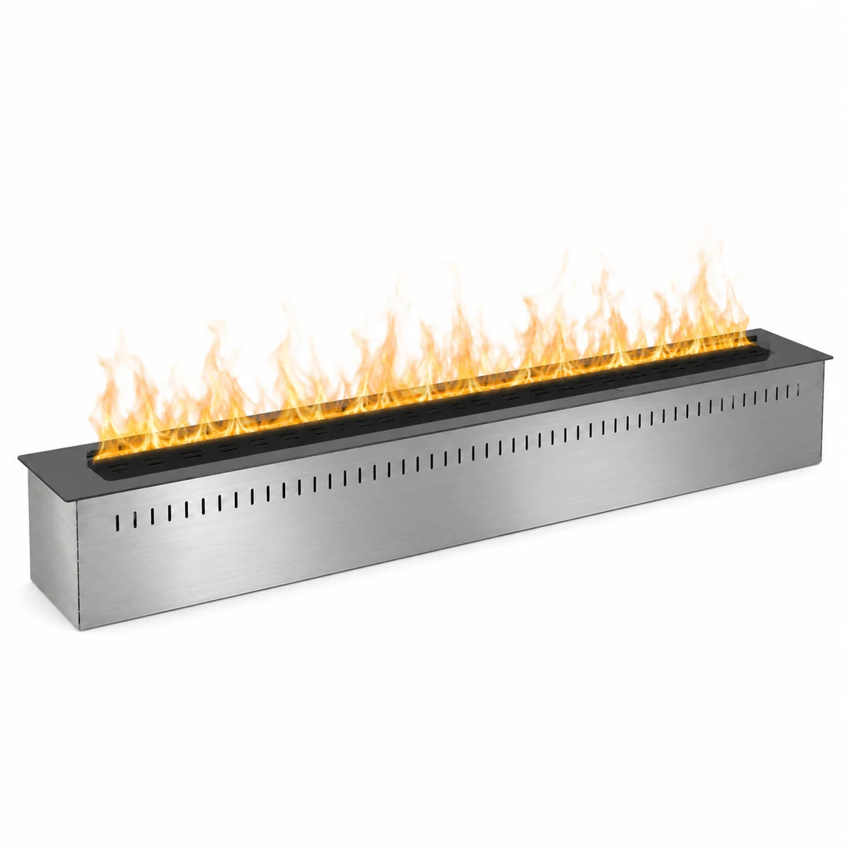 Obsidienne, cheminée à vapeur d'eau encastrable, inox brossé, dessus noir mat, sur fond blanc