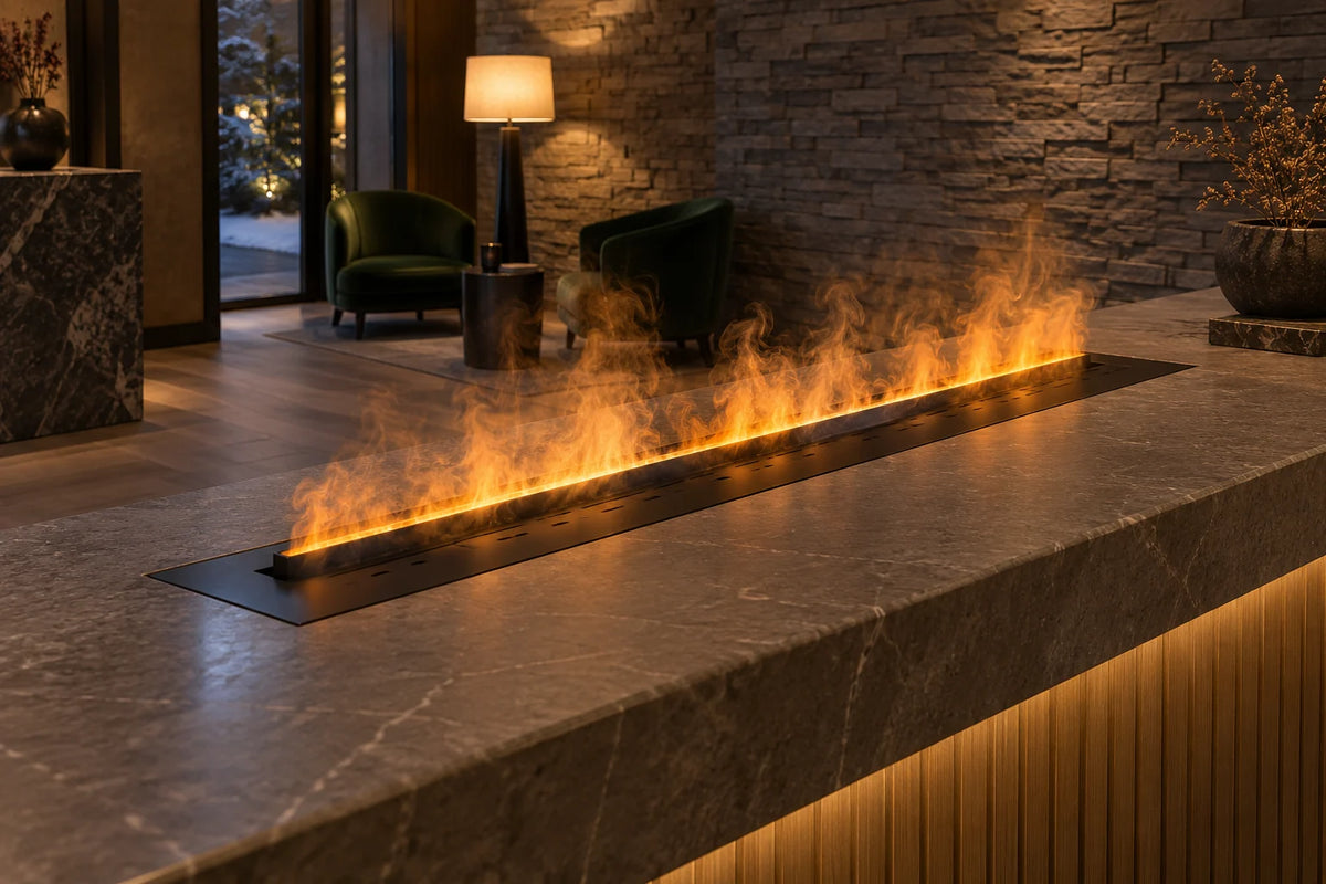 Obsidienne 175 cm, cheminée à vapeur d'eau, inox brossé, dessus noir mat, encastrée à fleur dans un comptoir en pierre