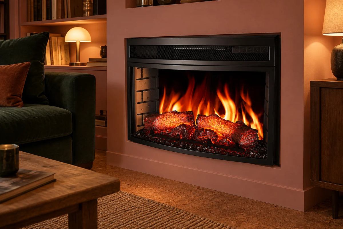 Opaline 66 cm, cheminée électrique, façade noire, encastrée dans une avancée de mur neuve, enduit rose poudré mat