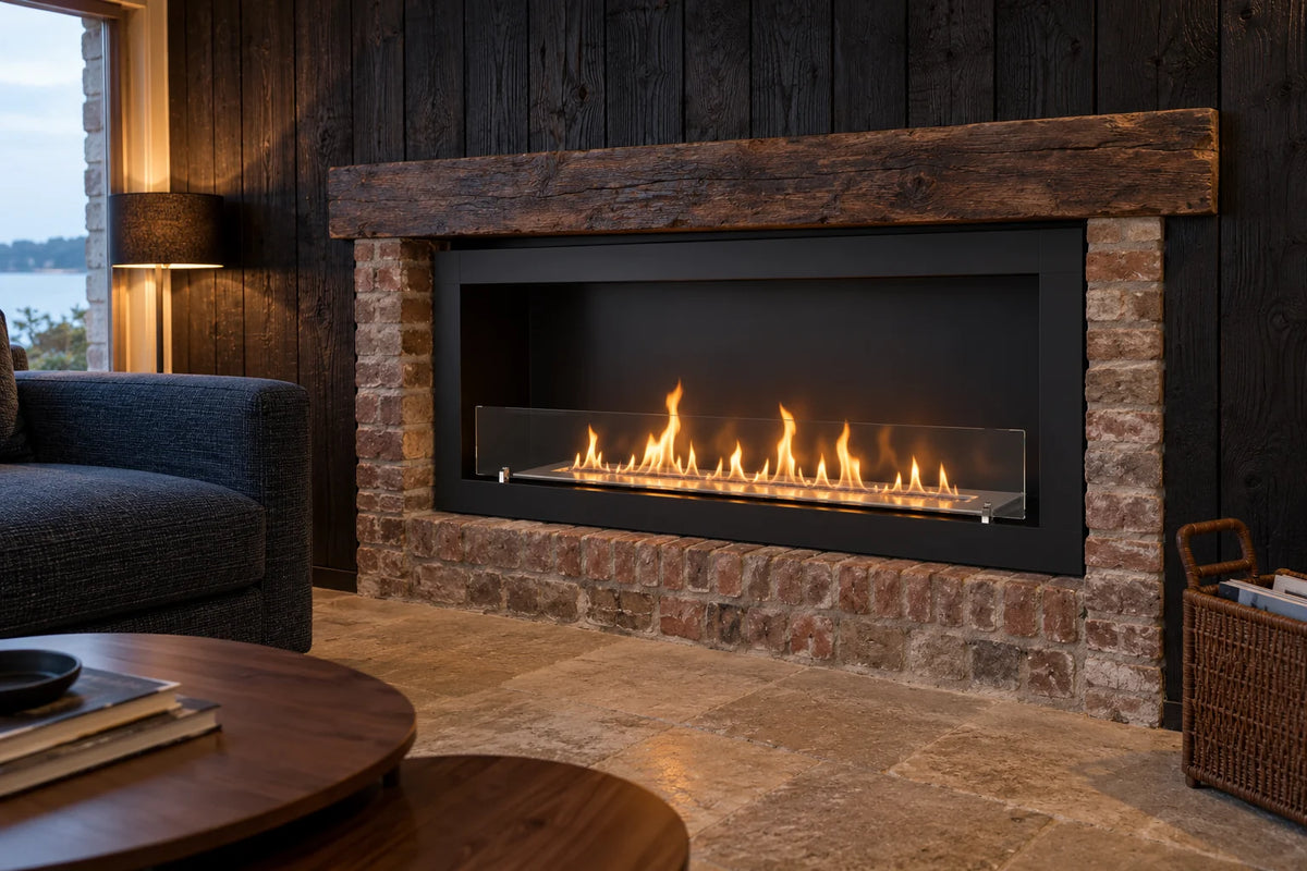 Quartz 130 cm, cheminée bioéthanol, acier noir mat, encastrée dans l'ancien foyer d'une cheminée en briques