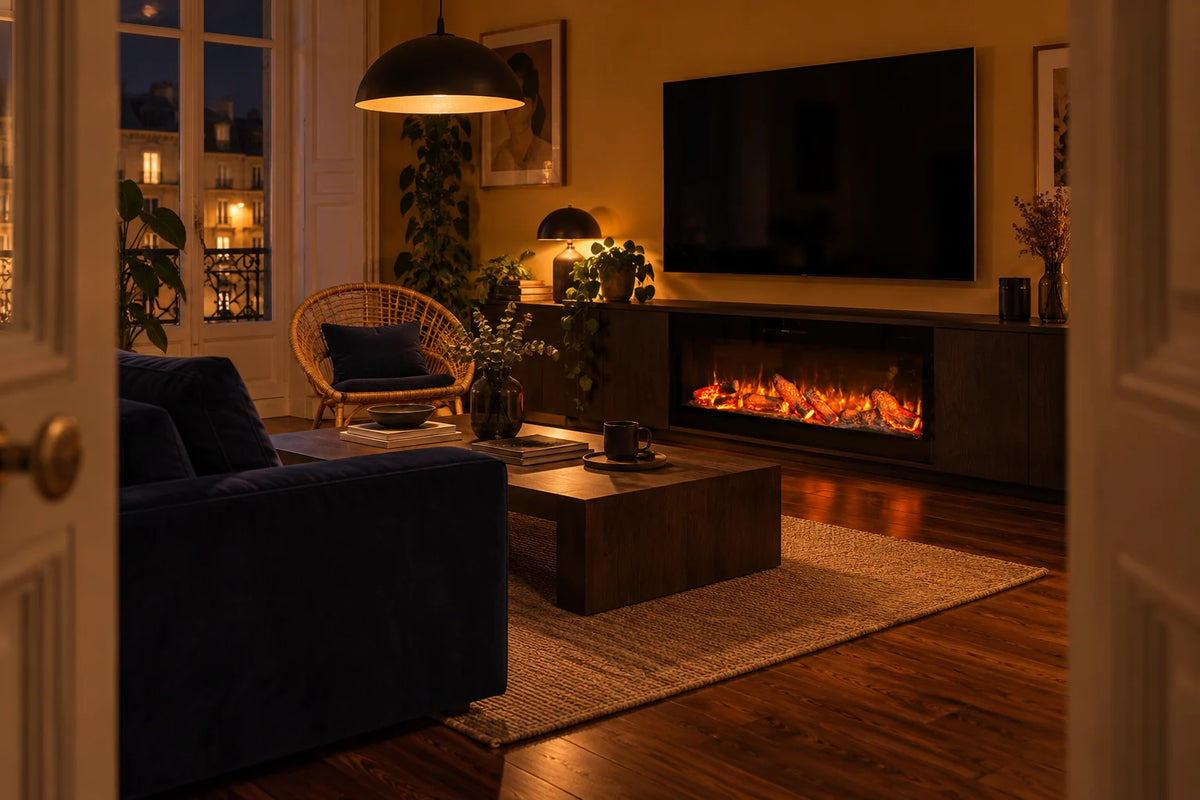 Silex 130 cm, cheminée électrique, verre noir sans cadre, encastrée dans un grand meuble bas sur mesure