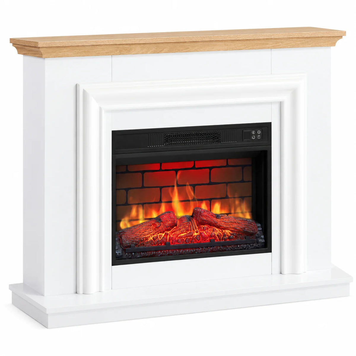 Marbre, cheminée électrique avec habillage effet marbre, blanc laqué et chêne clair, foyer à parois briques, sur fond blanc